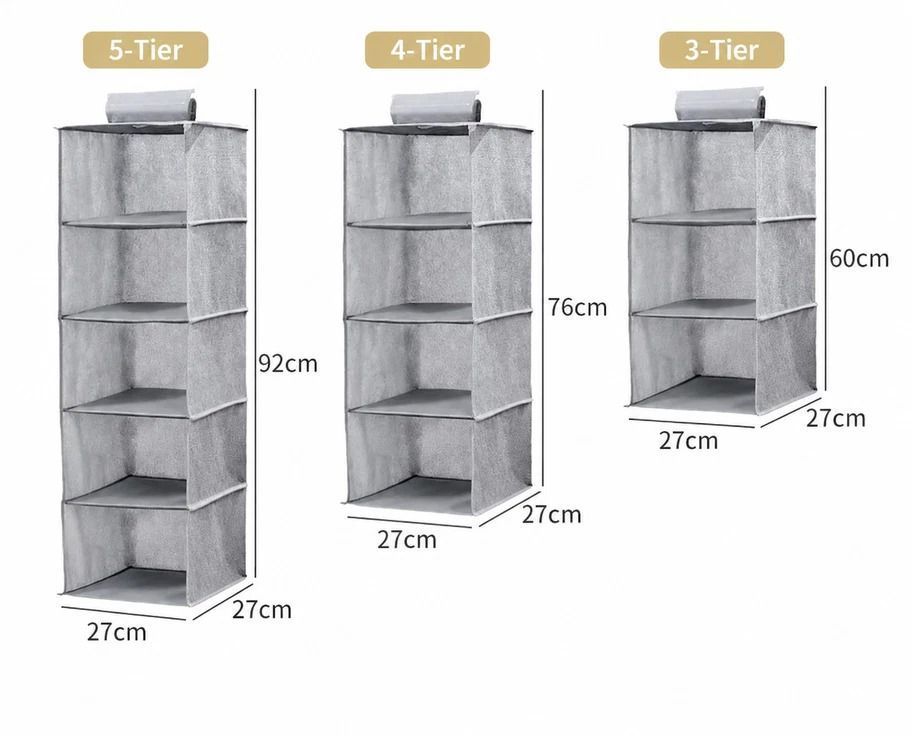 Cotton Linen Layered Hanging Clothes Bag, 4 Tier, Grey, Maximize Closet Space — image 4