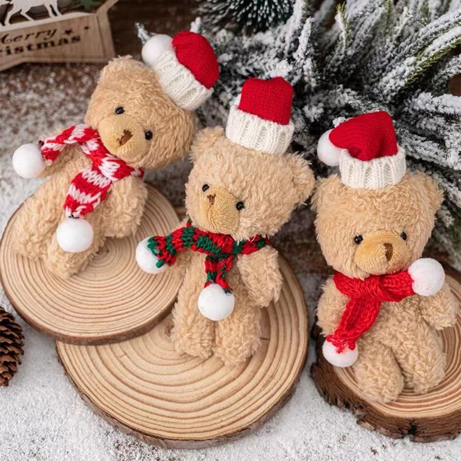 Brown Curly Christmas Bear with LOVE Red Dome Hat and Red & Green Scarf, Festive Desktop Ornament for Indoor Holiday Layout and Custom Festival Gifts ā image 5
