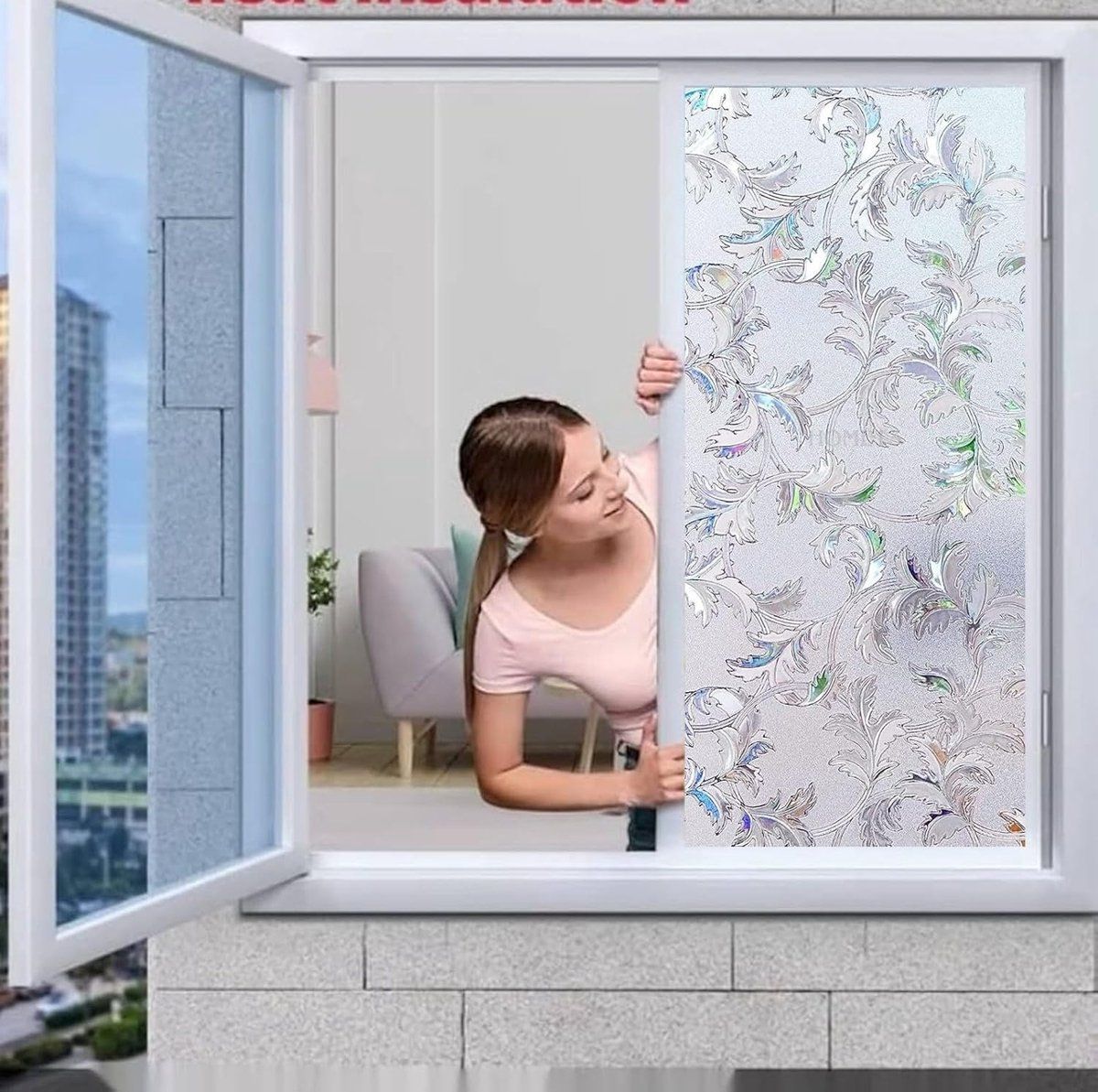 Decorative Window Privacy Film Static Cling PVC Frosted Glass Leaf Pattern For Home Office Bathroom, 45 × 200 cm — image 3