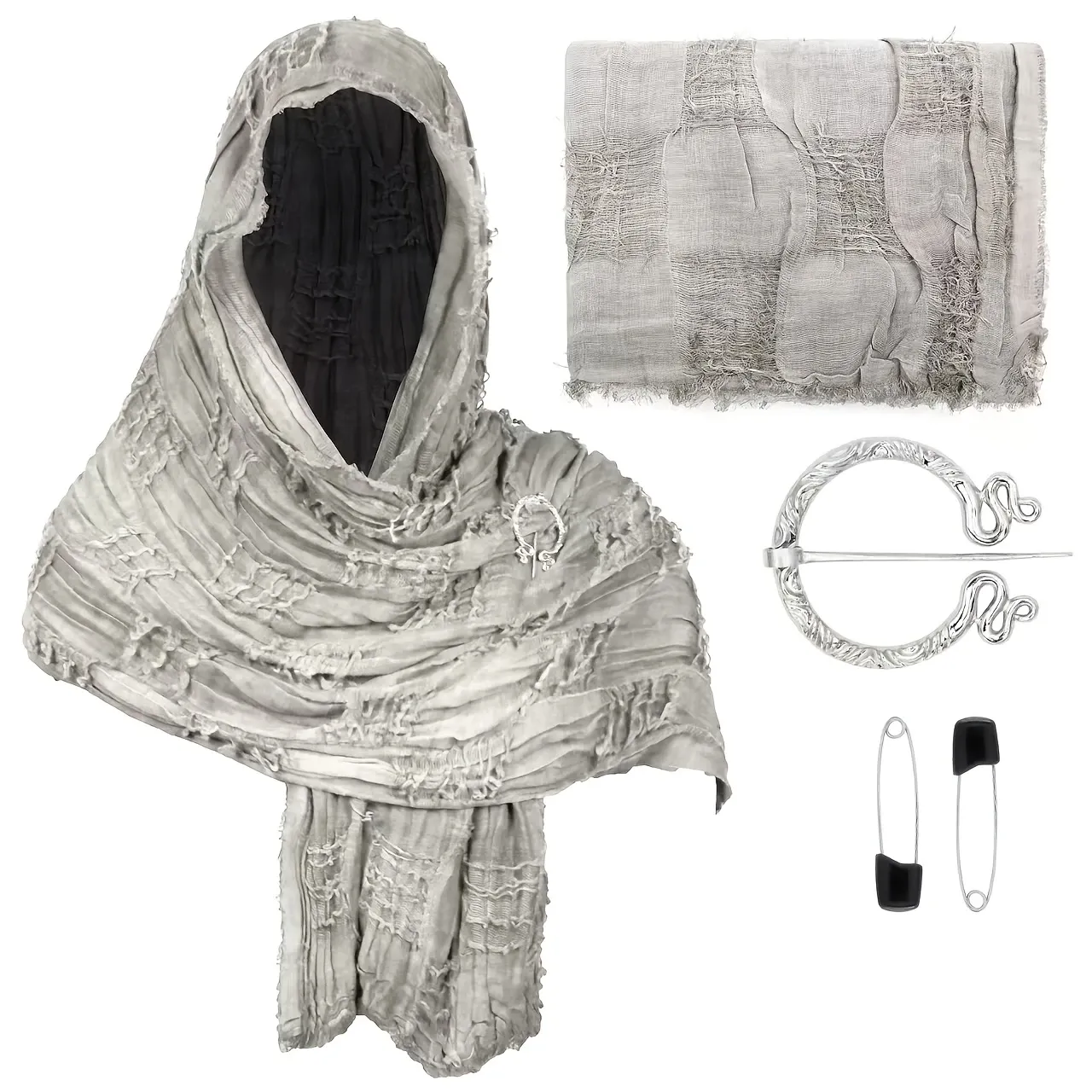 Distressed Linen Blend Shawl Grunge Fringe Scarf, Celtic Retro Unisex Bohemian Wrap with Brooch for Fall Winter/grey