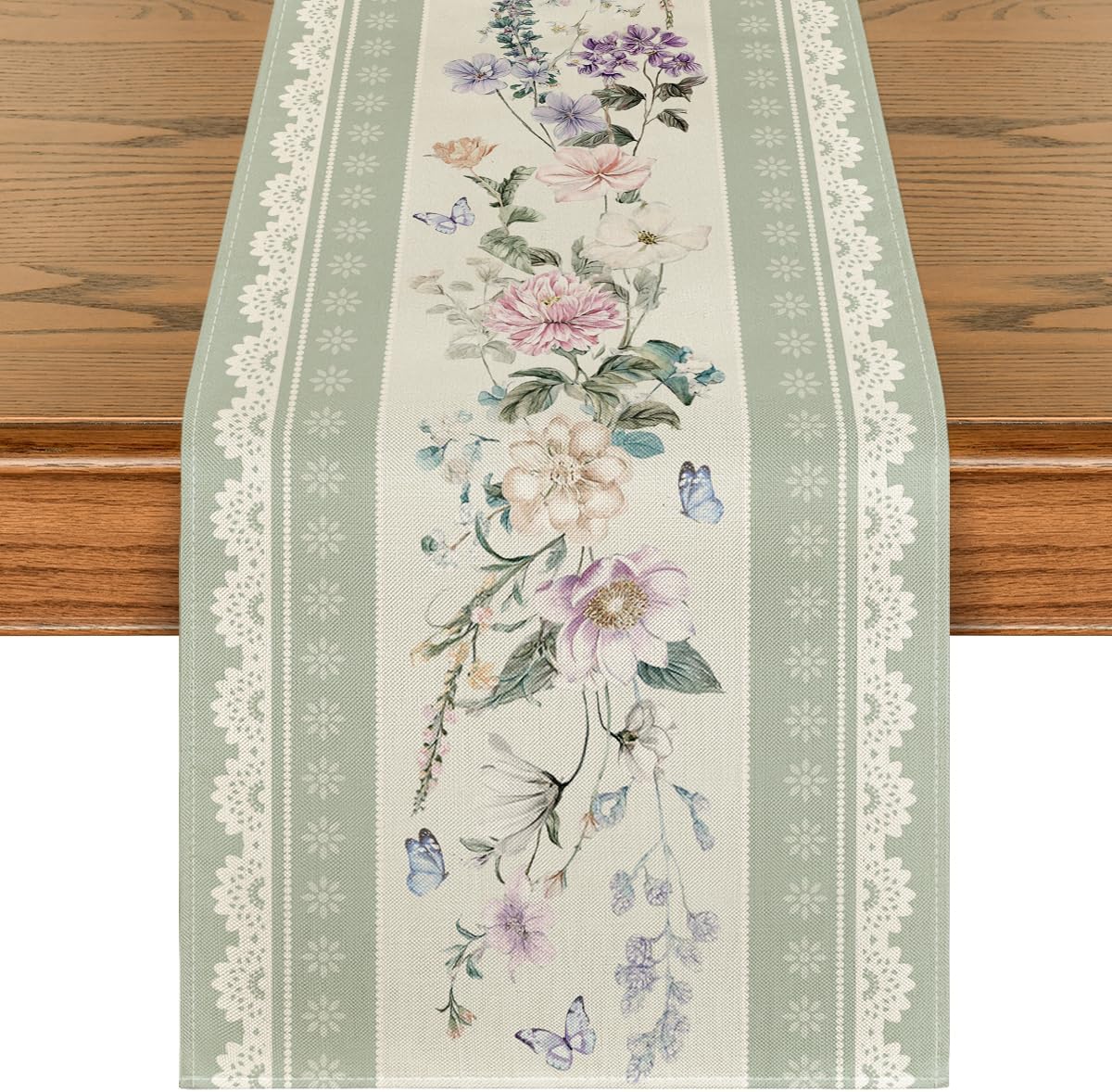 Green Printed Lace Floral 210 GSM Spring Table Runner, Seasonal Summer Kitchen Dining Table Decoration for Home Party Decor 13 × 72 Inch