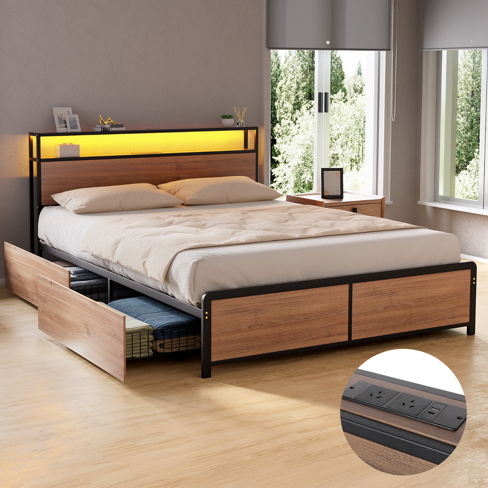Artiss Metal Bed Frame Double Size LED Storage Headboard USB Charge 4 Drawers