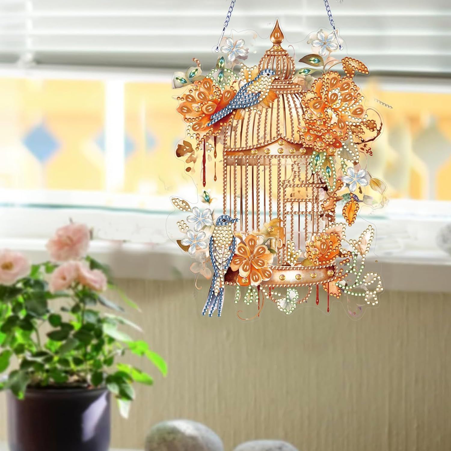 Diamond Art Painting Hanging Pendant Kit,DIY Flower Birdcage Crystal Art Hanging Sign,Diamond Window Hanging Wreath Ornament for Home Decor (365), MHL-35 — image 3