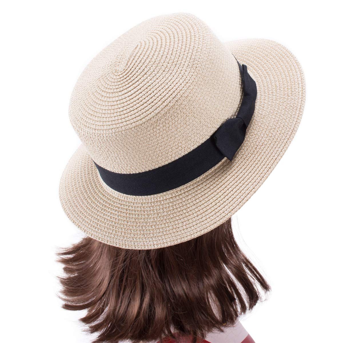 Straw Boater Hat Foldable Packable Beach Hat for Summer Tea Party Sun Hats for Women Bowknot Wide Brim Cap — image 2