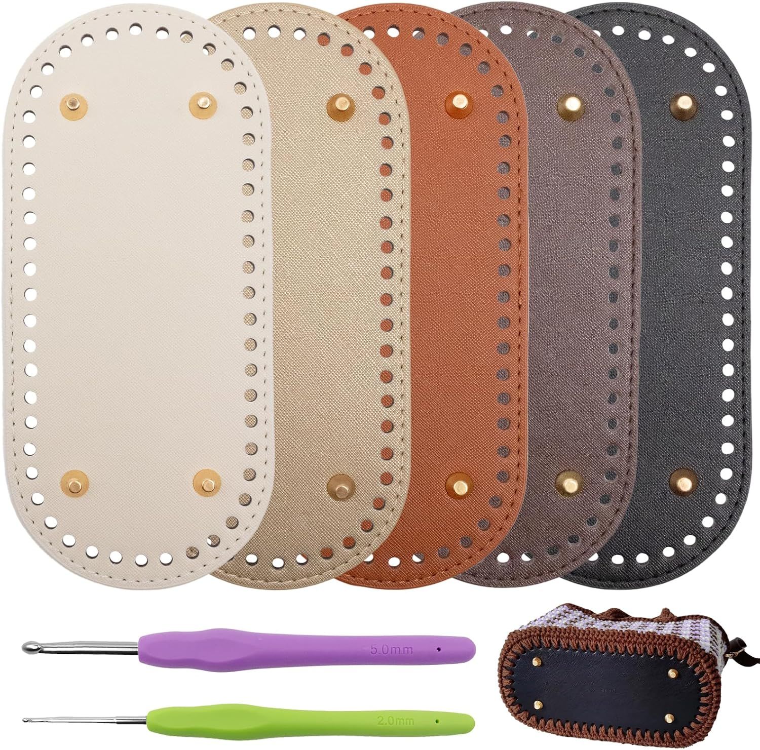 5 PCS Bag Bases 8.6" x 3.9" Purse Bottoms for Crochet Bags with 2 PCS Crochet Hook 5 Colors Leather Purse Bottoms for DIY Bags Making Supplies Kit Knitting
