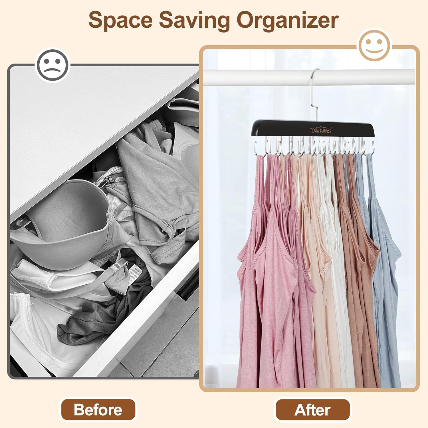 TOPIA HANGER Bra Hanger for Closet, 2 Pack Tank Top Hangers 40 Hooks Capacity Foldable Wood Space Saving Hangers Closet Organizer for Tank Top, Bra, Scarf — image 3