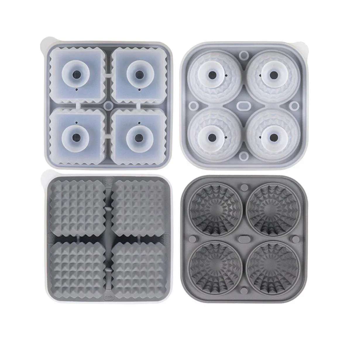 2PCS Silicone Ice Cube Tray Round and Square Ice Ball Maker for Whiskey Cocktails - Grey