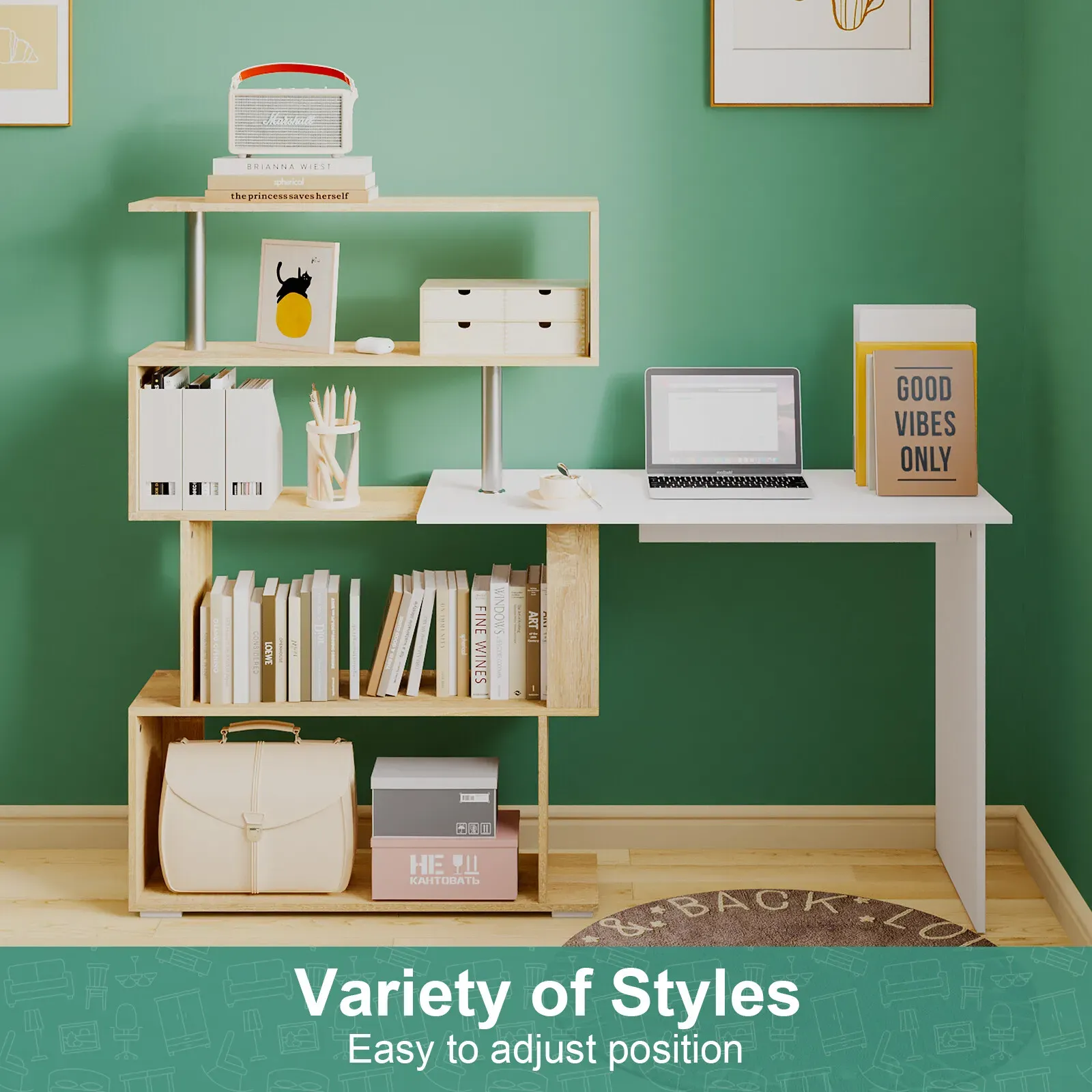 Adjustable Computer Desk with Storage Shelving in White Jointed Oak, 131 × 86 × 106cm — image 2