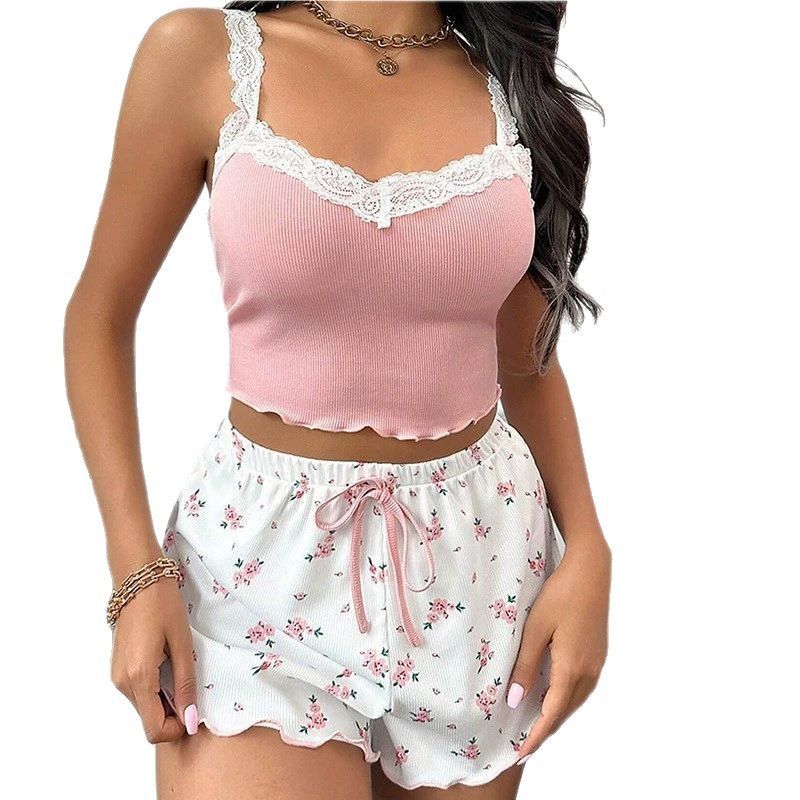 Women Sleepwear Set V Neck Sleeveless Shorts Suit Burgundy XXL — image 5