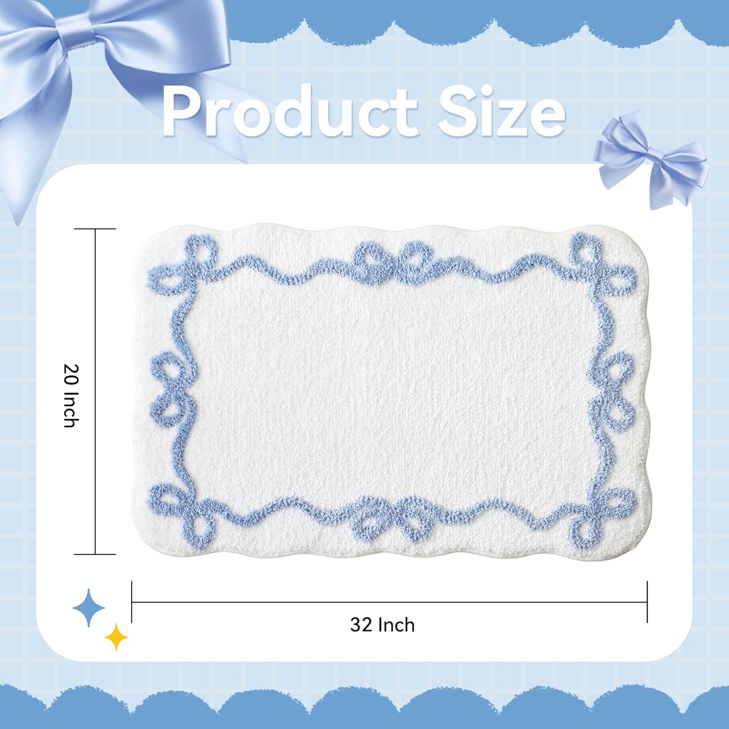 Blue Scalloped Bath Mat - Cute Bow Bathroom Rugs Small Non Slip Bath Mat, Soft & Absorbent Bath Rugs for Bathroom Decor, Tub, Vanity Floor — image 2