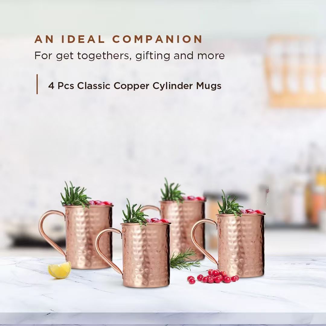 Moscow Mule Pure Copper Mugs, Handmade Hammered Finish with Riveted Handle, Four Pack — image 3