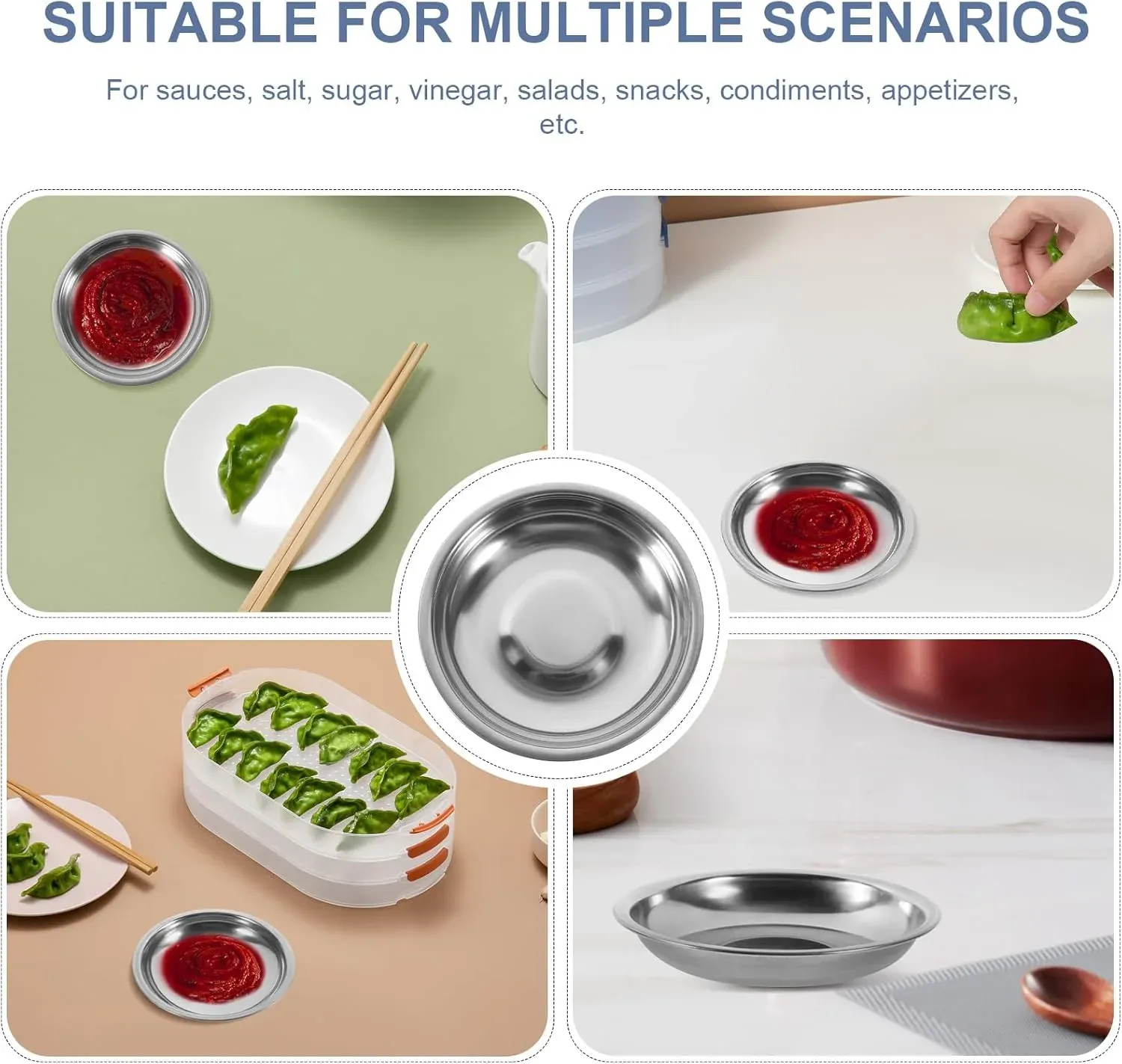 10 Pack 10cm Stainless Steel Dipping Dishes, Reusable Sauce Appetizer Plates for Camping, Silver — image 3