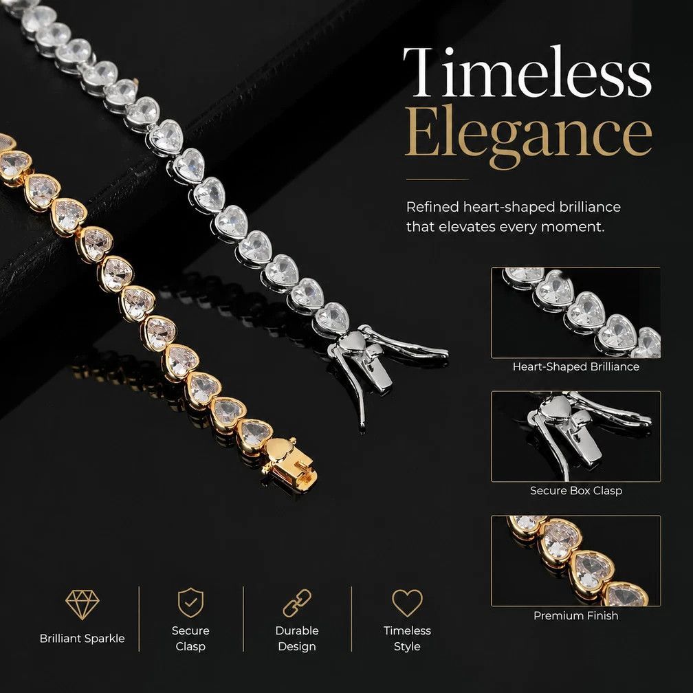Heart Packed Hip Hop Tennis Bracelet, Copper CZ Couple Jewelry, 6 Inch 16cm Gold Tone 4*4mm — image 3