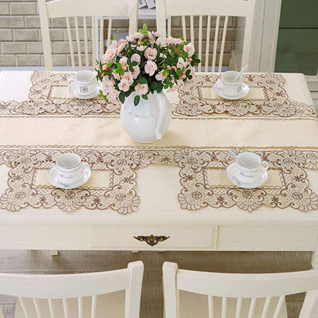17 Inch X 11 Inch Embroidered Flower Brown Place mats, Set of 4, Elegant Classic Washable Lace Place Mats, Home Decoration Party — image 2