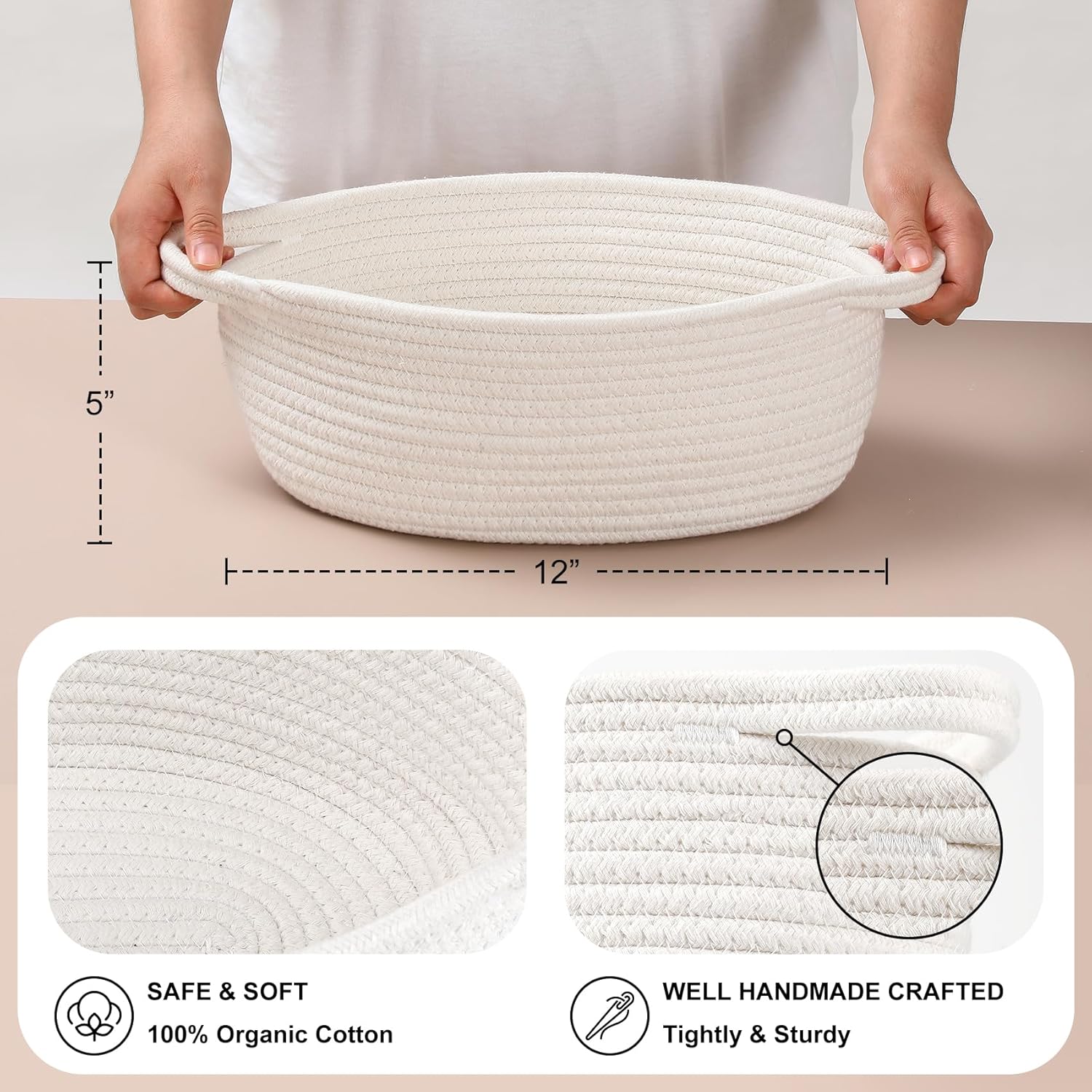 4 Pack Small Woven Basket with Handles, All 12"x 8"x 5", Cotton Rope Room Shelf Storage Basket, Cat Toys, Cute Baby Gift Bags and Ribbons for Nursery, Empty — image 5