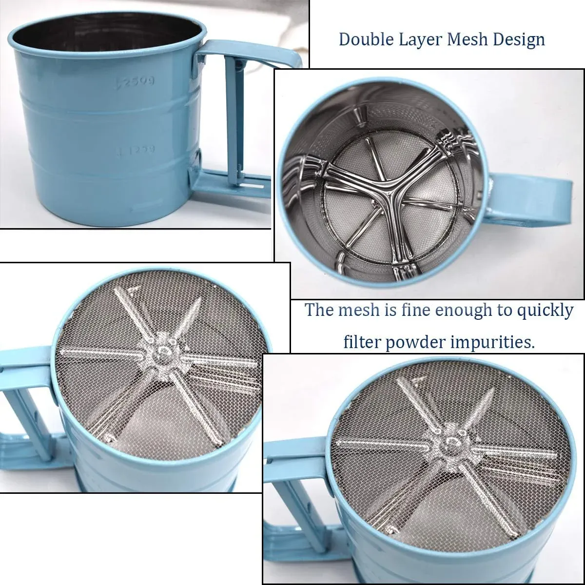 Hand Squeeze Mechanical Flour Sifter Stainless Steel One Hand Baking Sieve - Blue — image 5