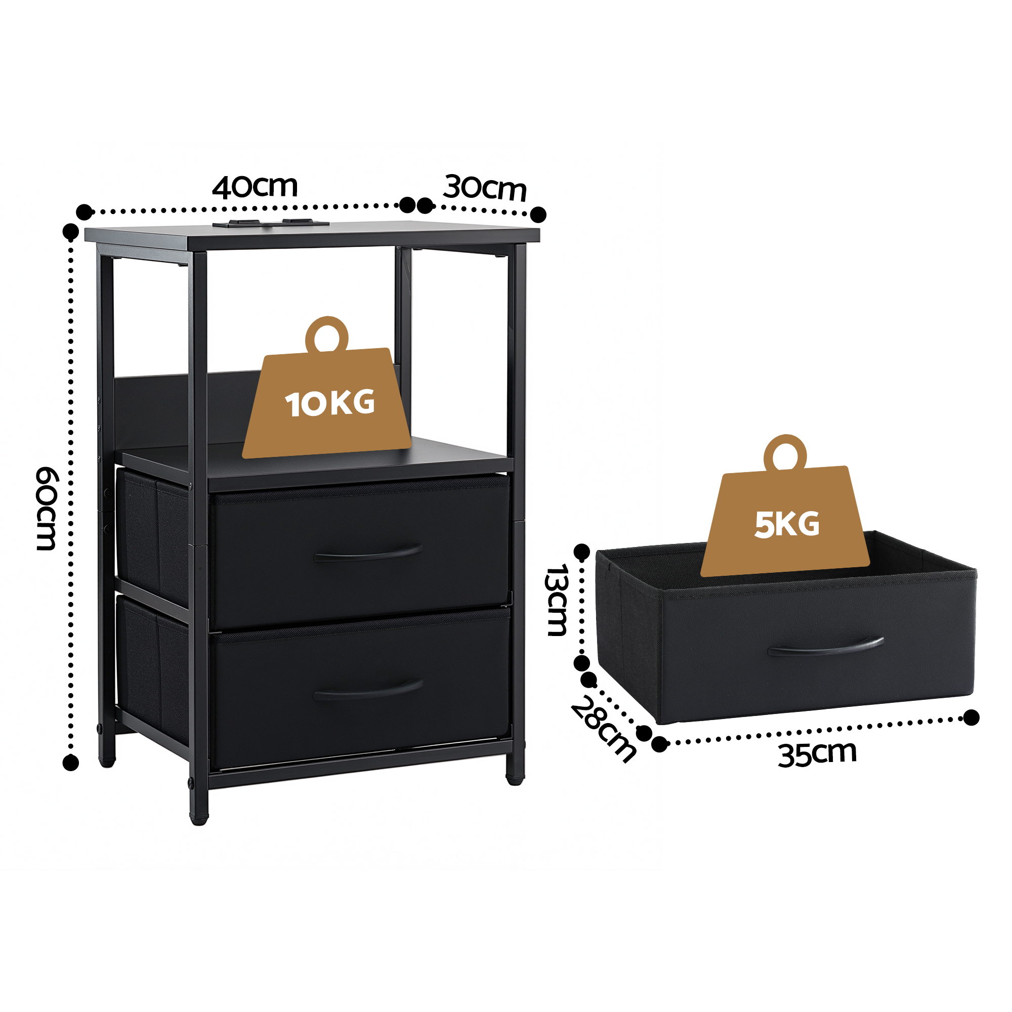 Artiss Bedside Table LED Nightstand Charging Station 2 Drawers Foldable Black — image 3