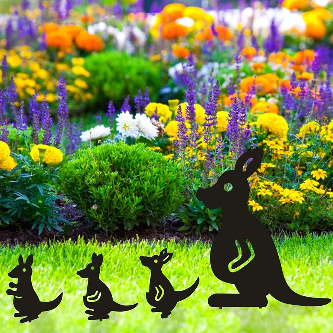 4Pcs Metal Garden Stakes Garden Decoration Kangaroo Family Animal Black Silhouette Stake Lawn Decorations Art Statue Ornament β image 2