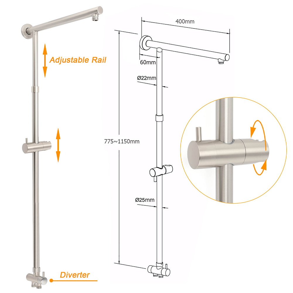 Brushed Nickel 2in1 Set Round 12" Rain Head Shower Single Mode Handheld Sliding RailWall Mixer — image 3