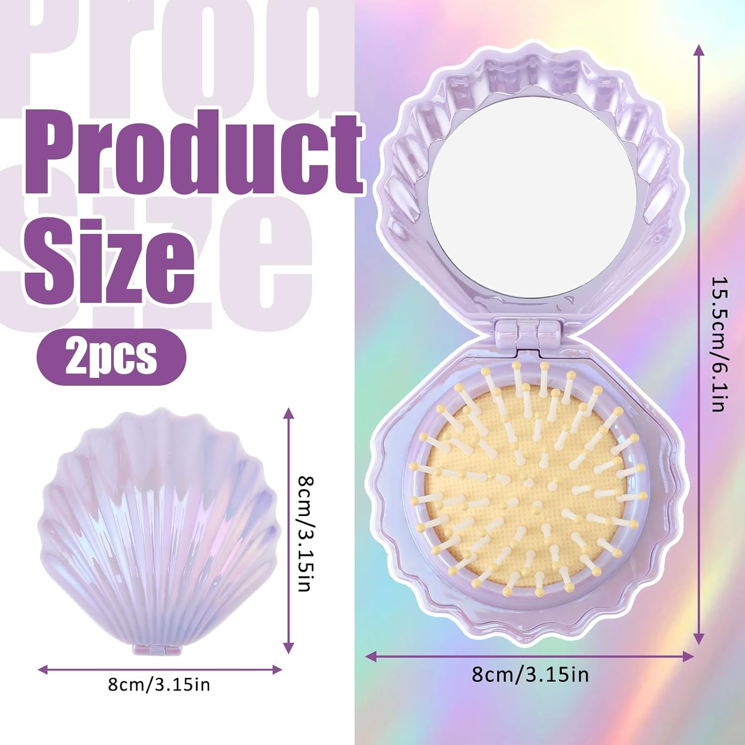 2 PCS Shell Folding Hair Brush with Mirror, Foldable Mini Hairbrush Retractable Purse Combs Cute Small Travel Brushes for Women, Portable Shell Pocket Comb for — image 2