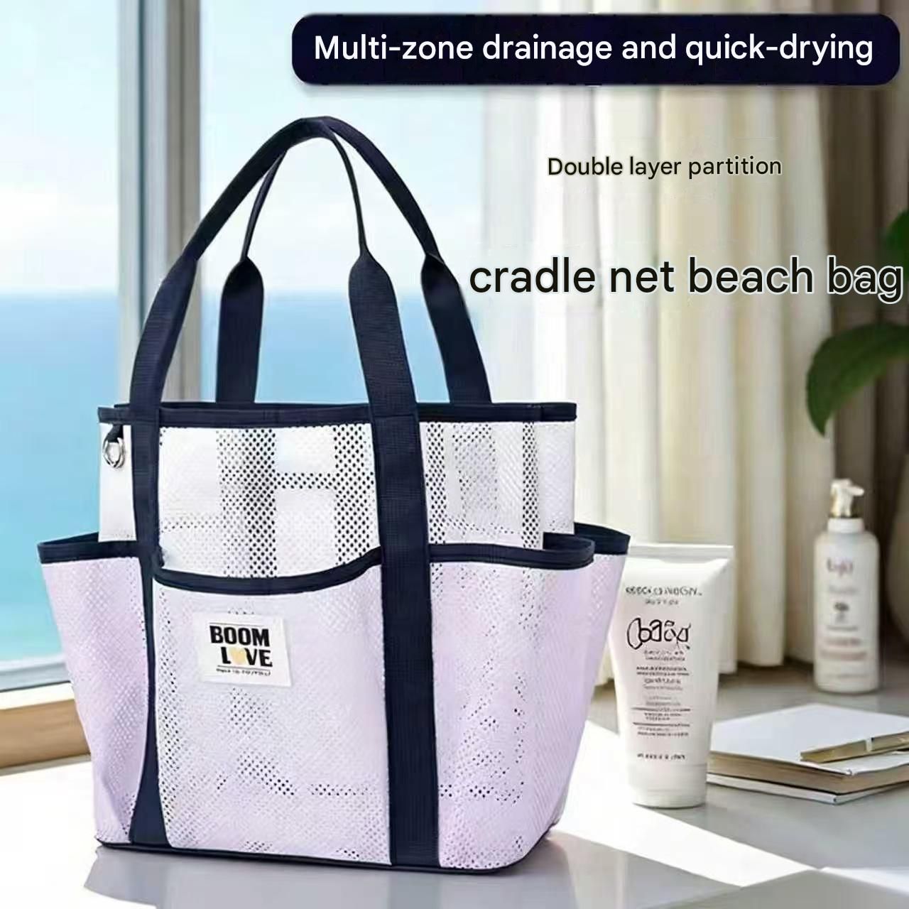 Blue-White Large Capacity Mesh Beach Tote Bag - Breathable Polyester Swim Bag with Multi-Pocket Storage, Quick-Dry Design for Travel, Gym, and Poolside Use — image 5