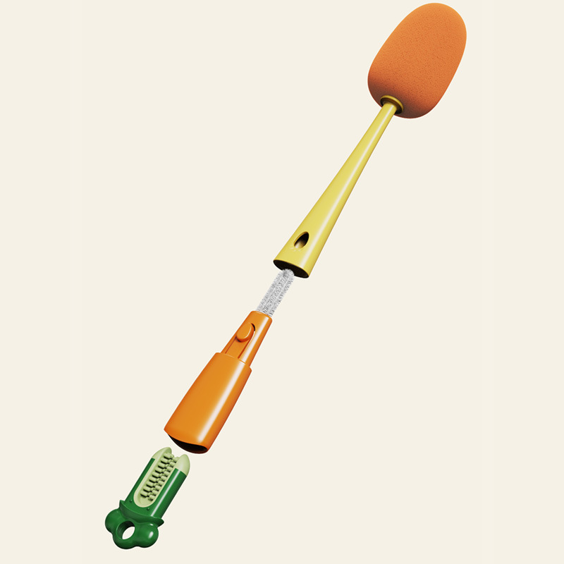 2 Pack 3-in-1 Bottle Cleaning Brushes with Sponge Head, Crevice Brush and Soft Rubber Scraper for Cups and Baby Bottles, Orange and Green — image 3