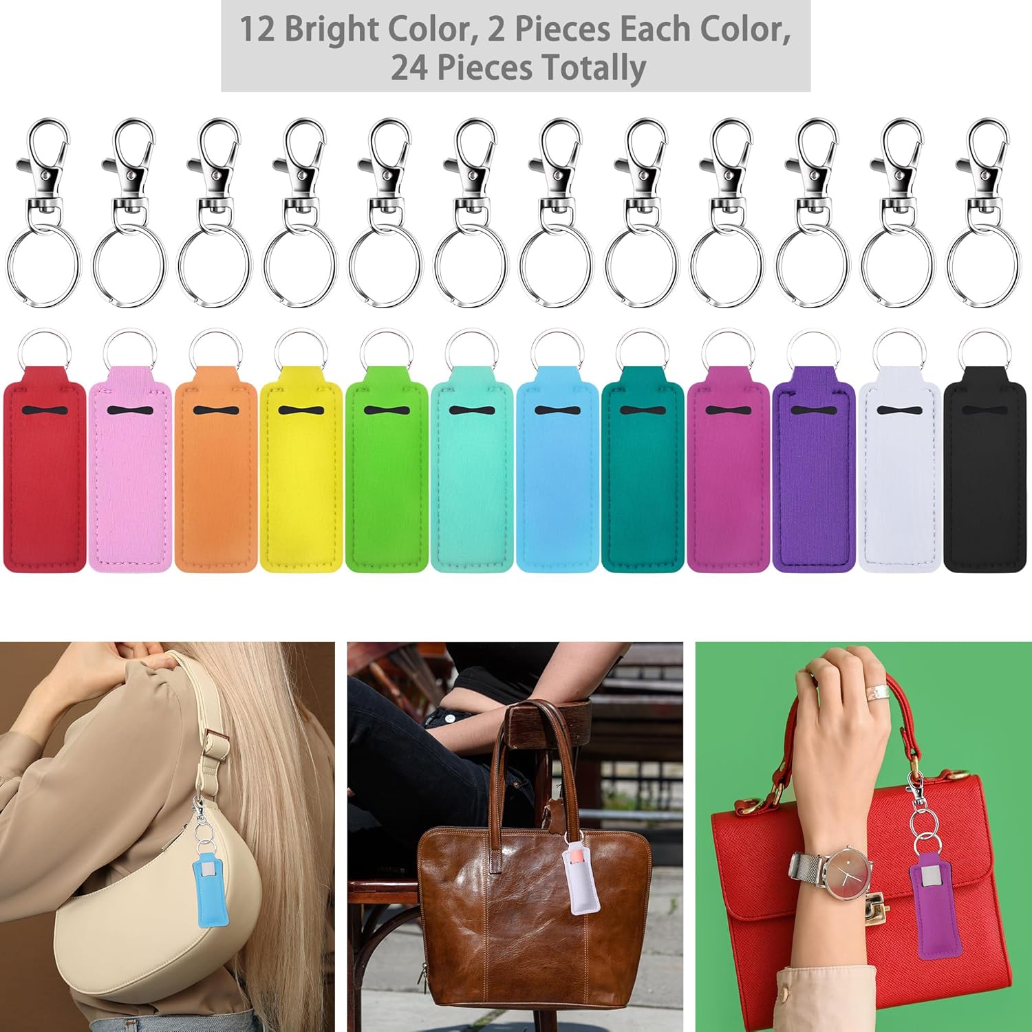 24 Pieces Chapstick Keychain Holder Lip Balm Holder Keychains Neoprene Lipstick Holder with 24 Pieces Metal Clip Cords for Purse Backpack — image 2