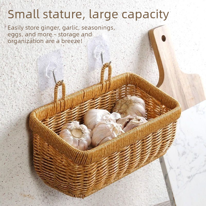Artificial Rattan Wall Mount Storage Basket, Washable Plastic Woven Hanging Organizer for Kitchen Garlic Ginger Spice(S) — image 2