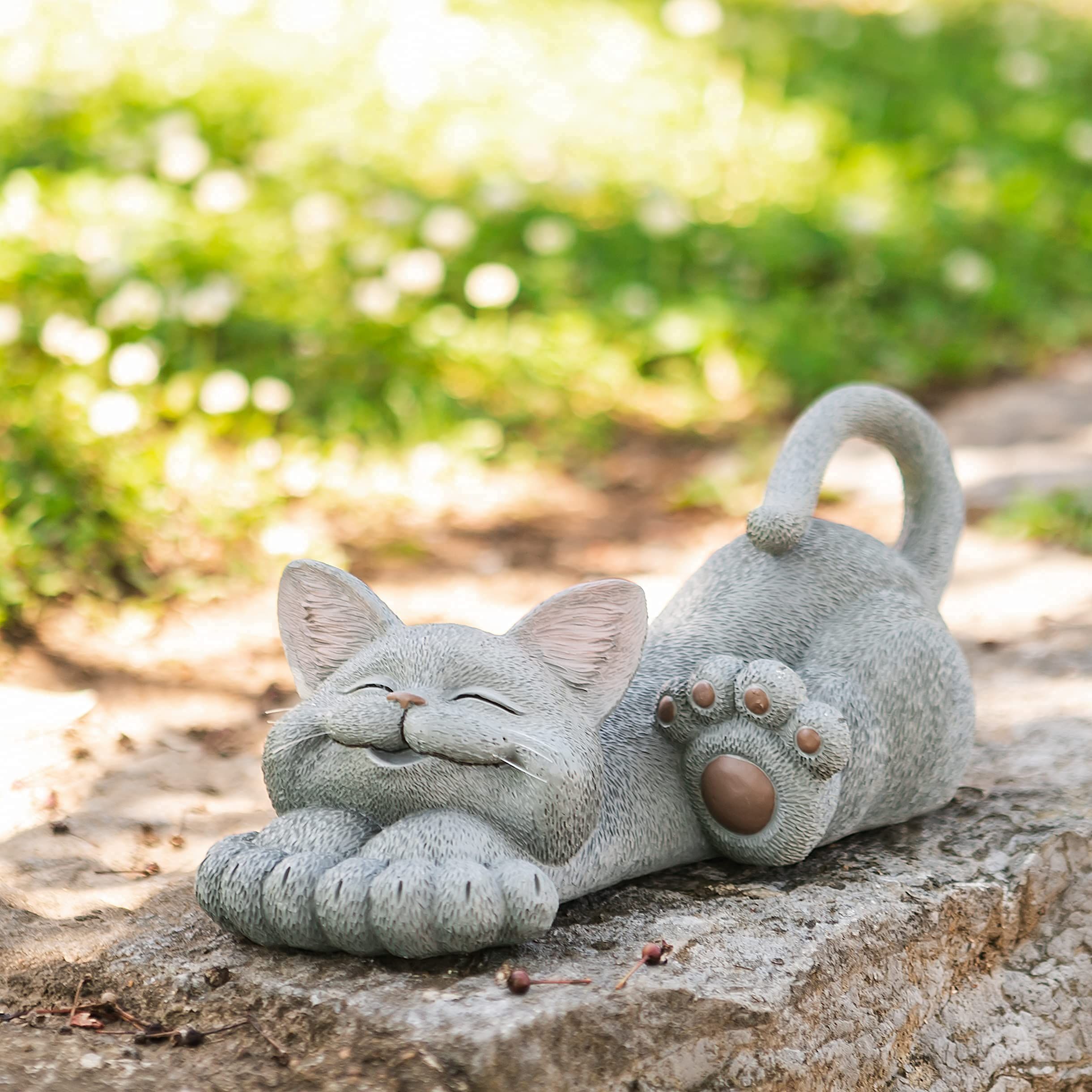 Large Whimsical Grey Cat Lounging Garden Statue Outdoor Indoor Decoration - Happy Cat Collection - Cat Lover Gifts for Women — image 4