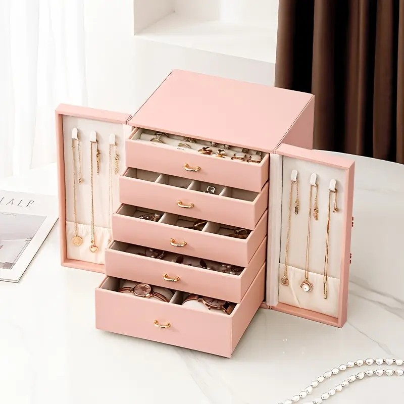 Blue 1 Large Faux Leather Jewelry Storage Box with 5 Drawers and Gold Handles - An elegant rectangular storage space for rings, necklaces, bracelets, earrings โ image 6