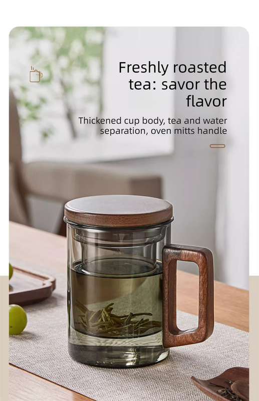 400ml Smoky Grey Borosilicate Glass Tea Mug with Infuser and Wooden Handle Loose Leaf Teacup for Office โ image 4