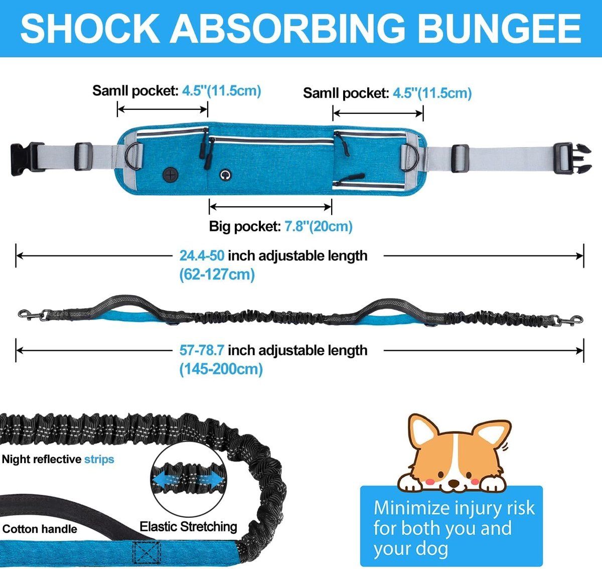 Dog Running Leash, Adjustable waist belt with pockets, reflective elastic cord and double handles, walking and trail running, blue โ image 5