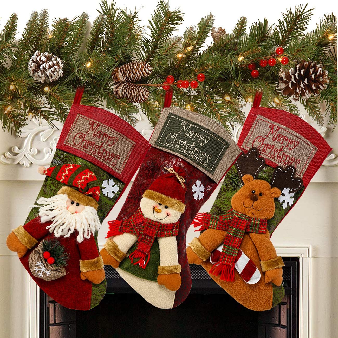 3 PCS 16.5" Christmas Stocking Classic Large Stockings Santa, Snowman, Reindeer Xmas Character for Family Holiday Christmas Party