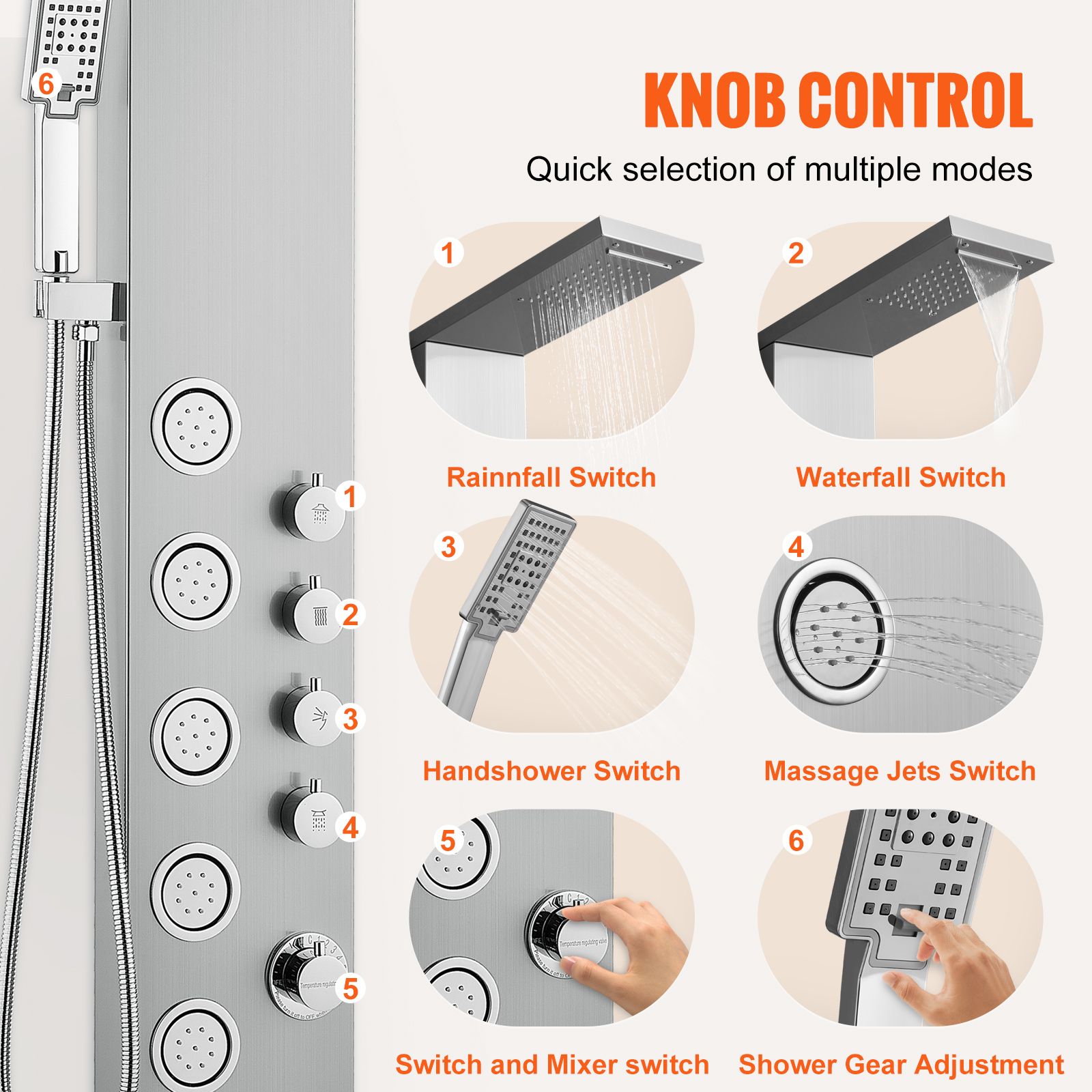 Shower Panel System, 4 Shower Modes Shower Panel Tower, Rainfall, Waterfall, 5 Full Body Massage Jets and 3-Setting Handheld Shower Head with 59" Hose — image 5