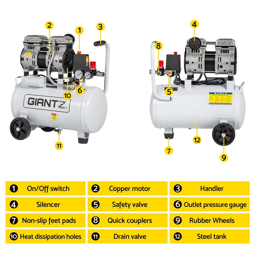 Giantz 24L Air Compressor Quiet 0.75HP Oil-Free Portable Tyre Inflator 40L/Min โ image 4