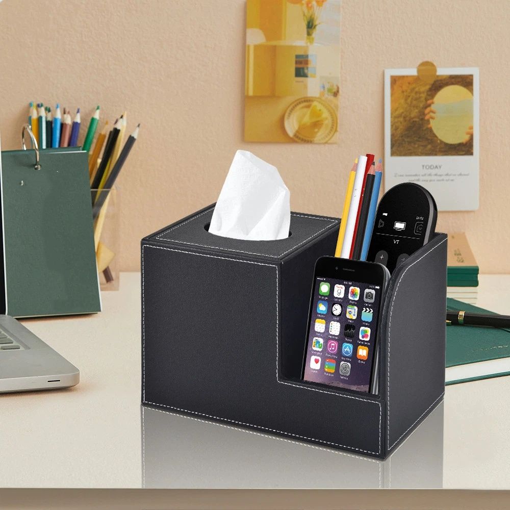 PU Leather Tissue Box Cover with Remote Control Holder, Square Tissue Box Holder for Living Room Bathroom Office (black,only box) — image 3