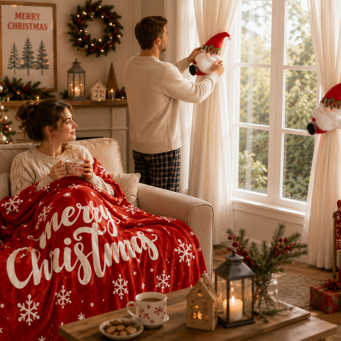 Christmas Flannel Throw Blanket and Santa Curtain Tieback Set, 150 × 200cm Thick Fleece Sofa Blanket with 2 Plush Santa Velcro Curtain Holders for Holiday Home — image 2