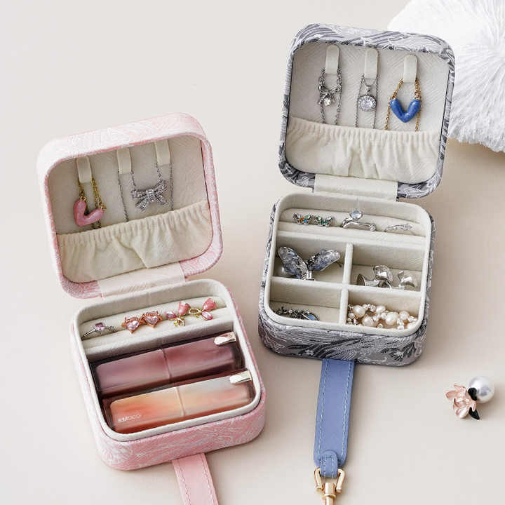 Blue Portable Vintage Embossed Jewelry Box - Flip-Top Necklace, Ring, and Earring Organizer with Elegant Design(The Jewelry is a prop for the photo shoot and — image 4