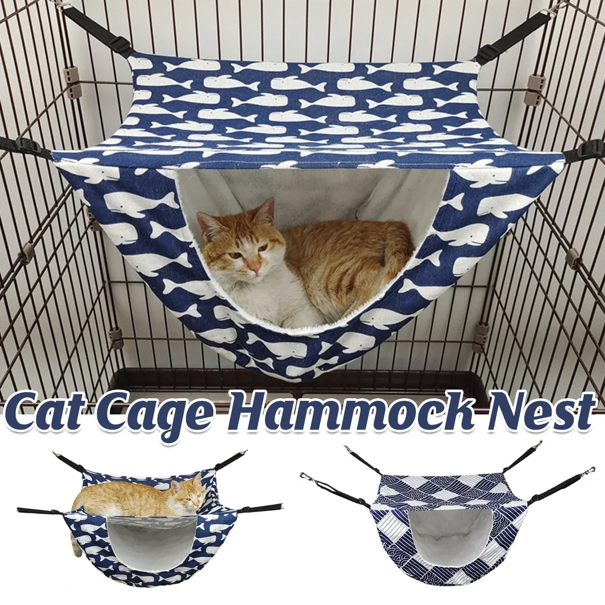 Cat Hammock Hanging Bed Cage Nest Soft Pet House Basket Cat Sleeping Supplies - Sea Blue Checkered โ image 2