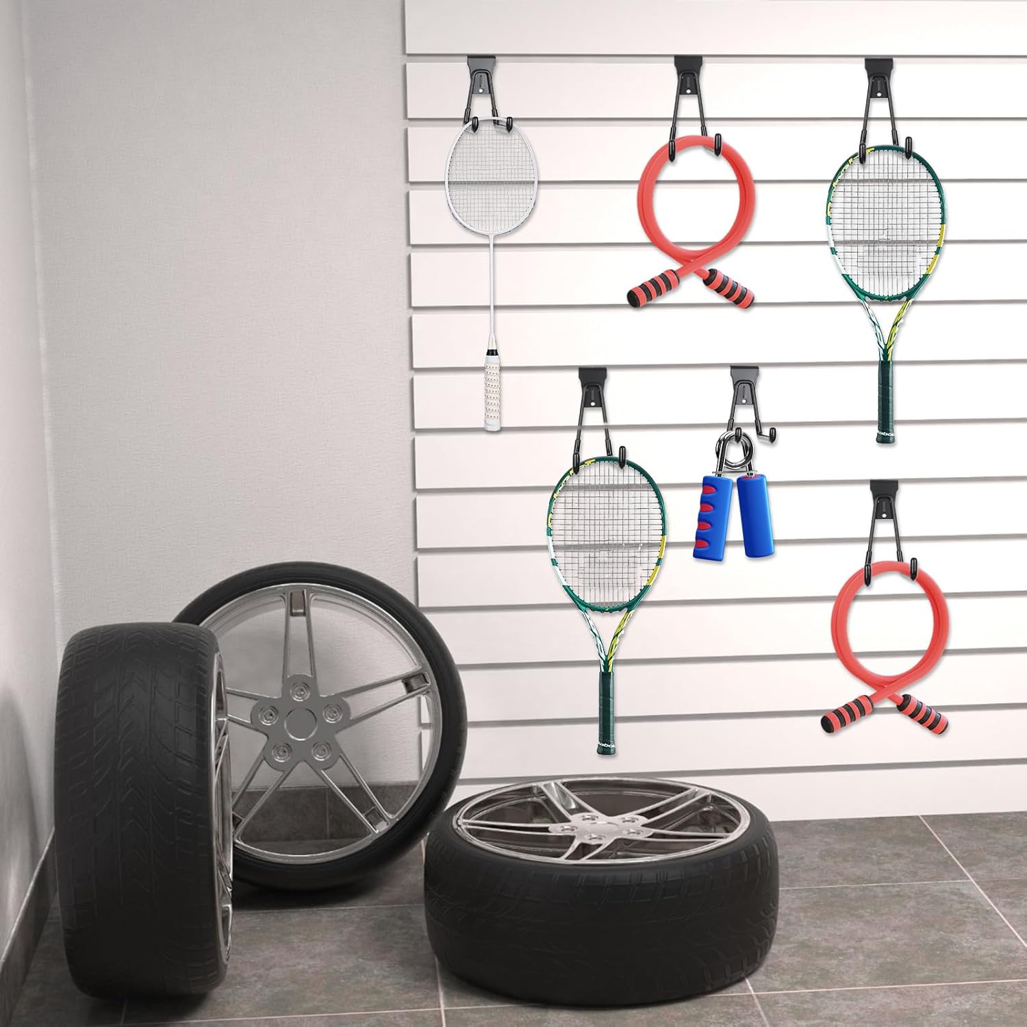 Landhoow 36 Pcs Slatwall Hooks & Hangers 32 Pcs Heavy Duty Slat Wall Hanging Hooks with 4 Pcs Storage Straps Assortment Slatwall Accessories for Storage Garage โ image 5