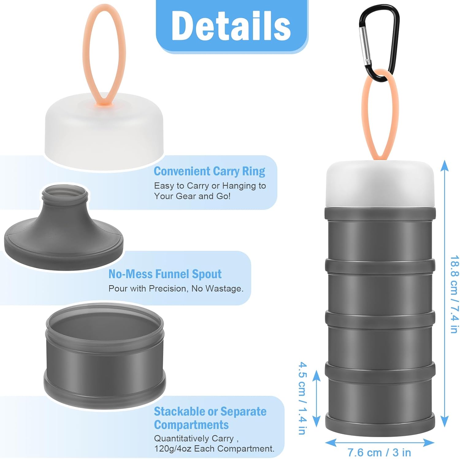 2 Pcs Protein Powder Container to Go with Funnels Stand, 4 Compartments Stackable Protein Powder Dispenser for Workout, Fitness, Travel — image 2