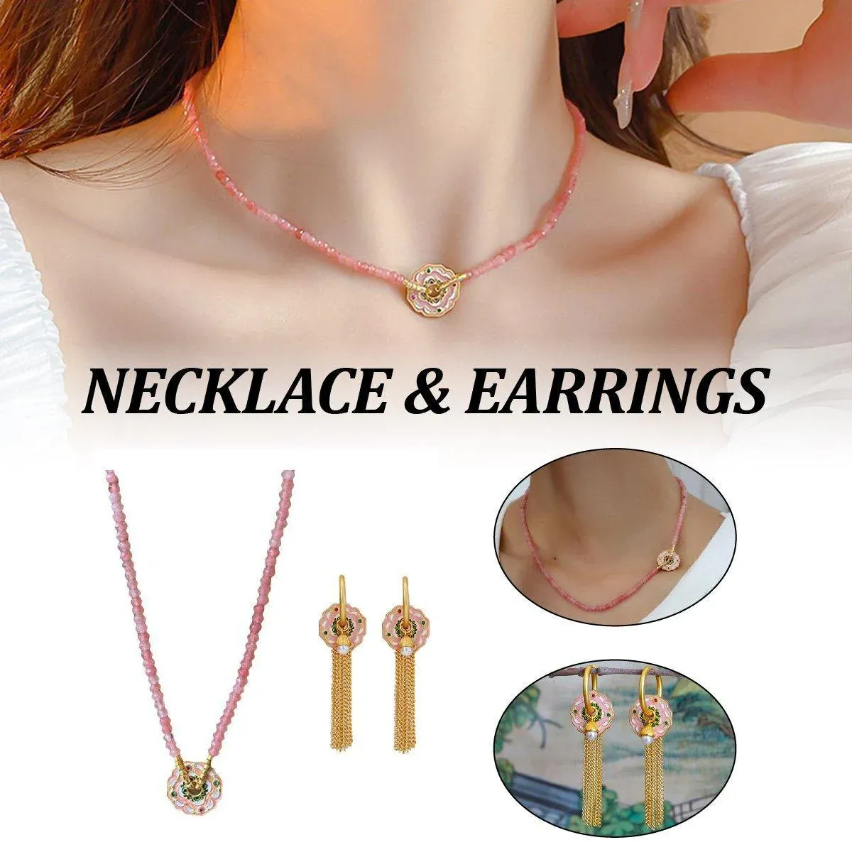 New-Chinese Coloured Flower Beaded Necklace and Earrings Set Fashion Jewelry - Earrings โ image 2