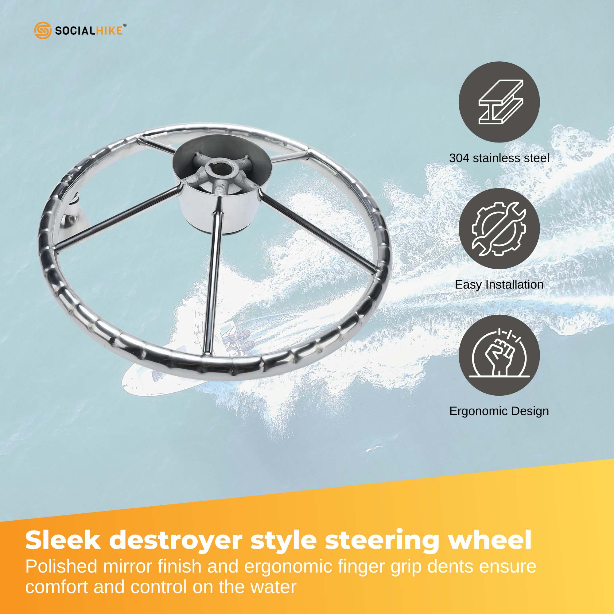 13.5" Boat Stainless Steel Steering Wheel - 5 Spoke with Knob For 3/4" Shaft — image 3