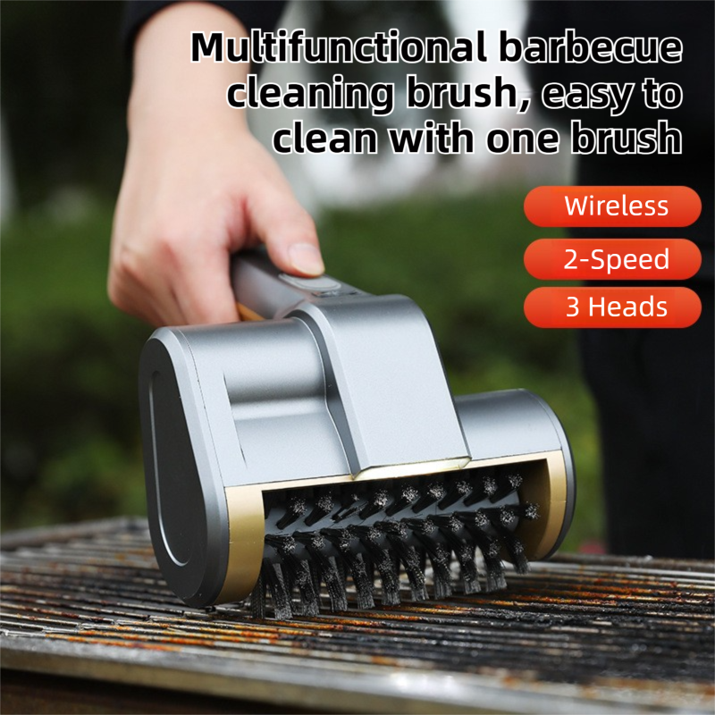 3-in-1 Gold Cordless Electric Grill Cleaner Built-in LED & USB Charging - Waterproof High Power BBQ Cleaning Brush with 2-Speed Setting — image 2