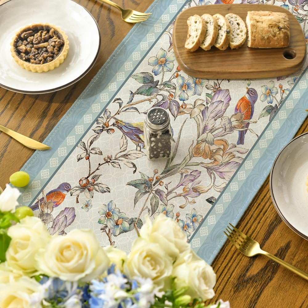 Blue Birds Flowers Blossom Table Runner, Seasonal Spring Floral Kitchen Dining Table Decoration for Home Party Decor 13 × 72 Inch — image 4