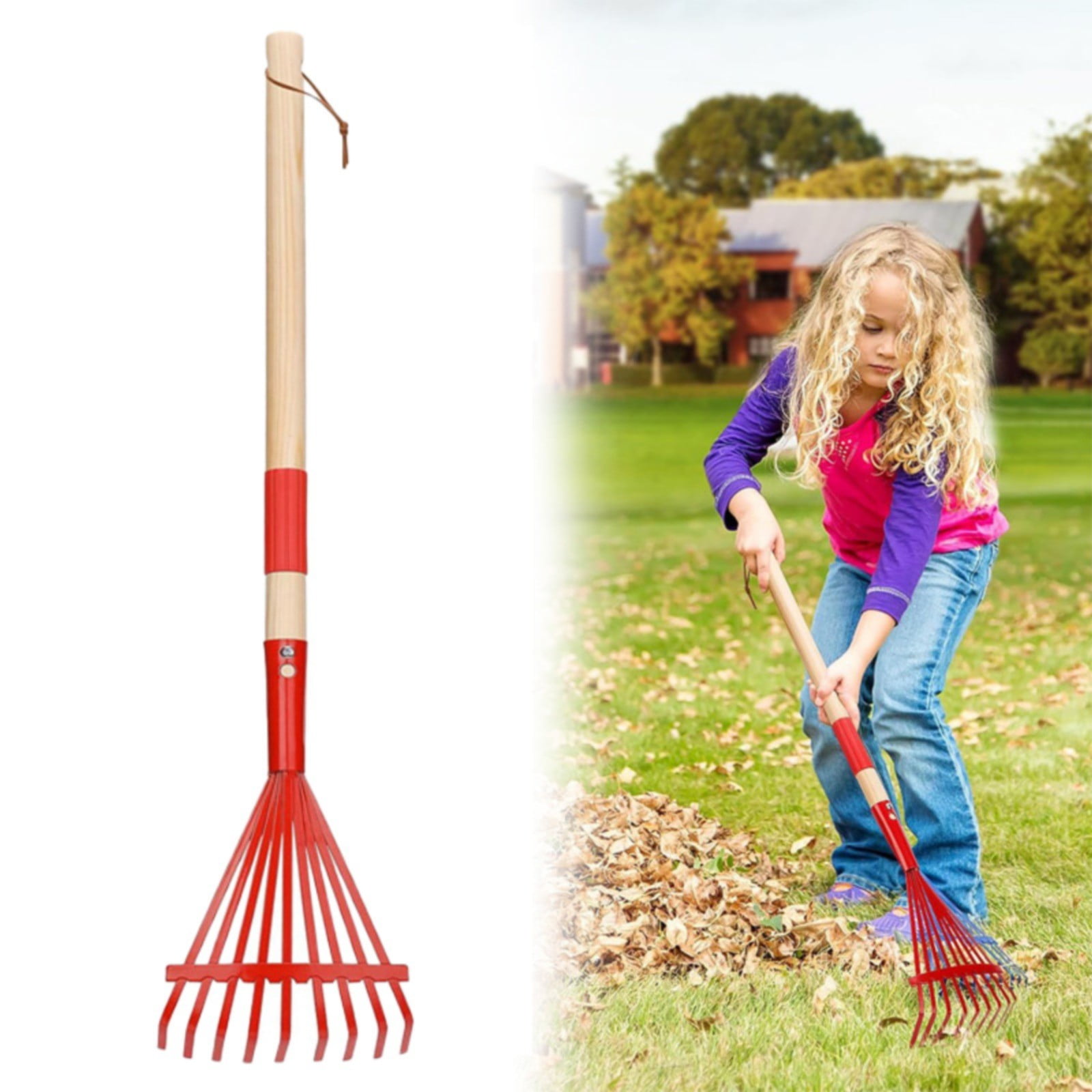 Child Size Garden Leaf Rake with Metal Head and Wooden Handle, Lightweight Outdoor Tool for Gardening and Yard Work, 71 cm, Red — image 6