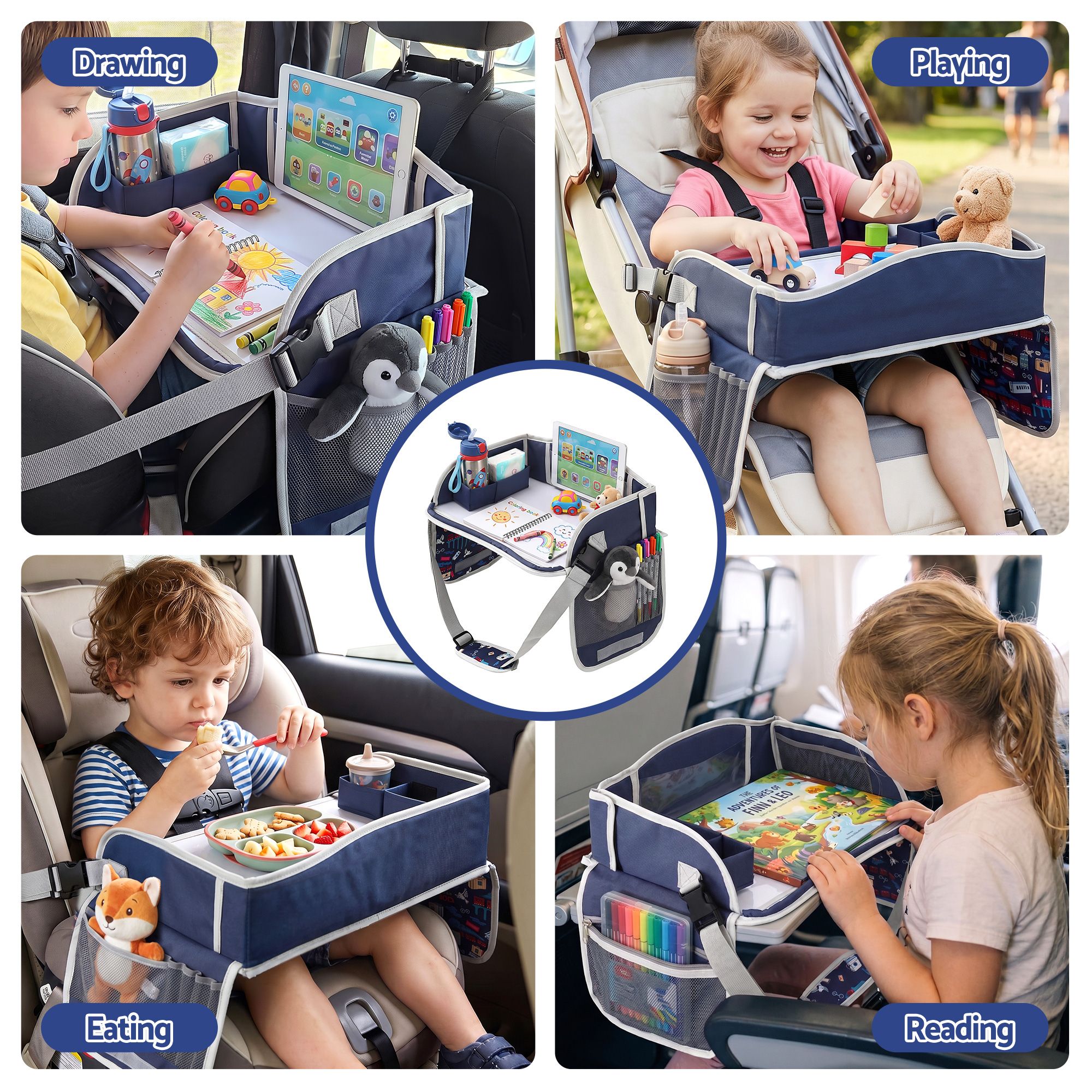Keezi Kids Travel Tray Car Seat Lap Desk Portable Car Desk Organiser for Car & Airplane Blue โ image 6