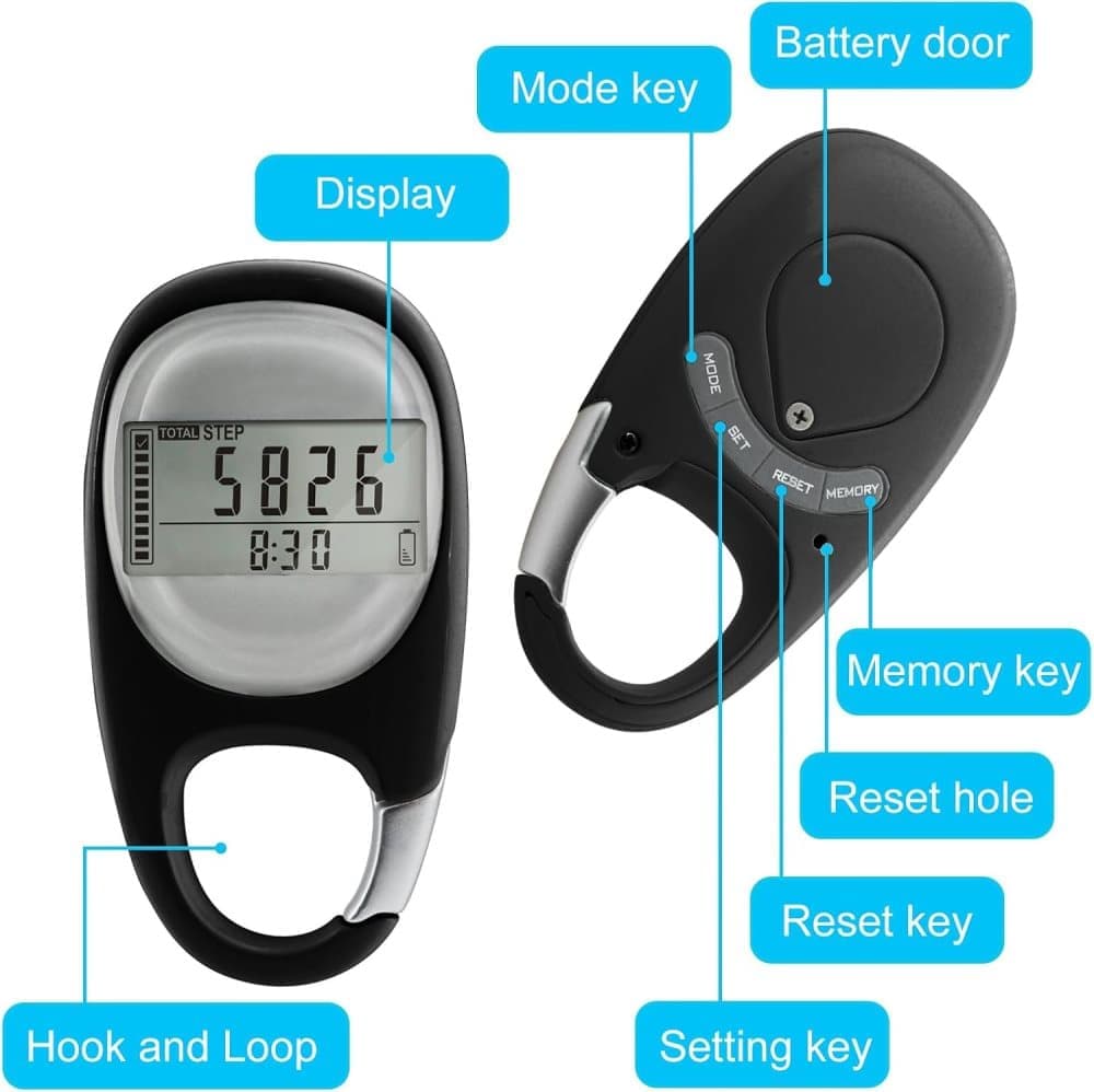 3D Pedometer with LED Display for Running and Walking, Portable Step Counter with Climbing Carabiners, Black — image 3