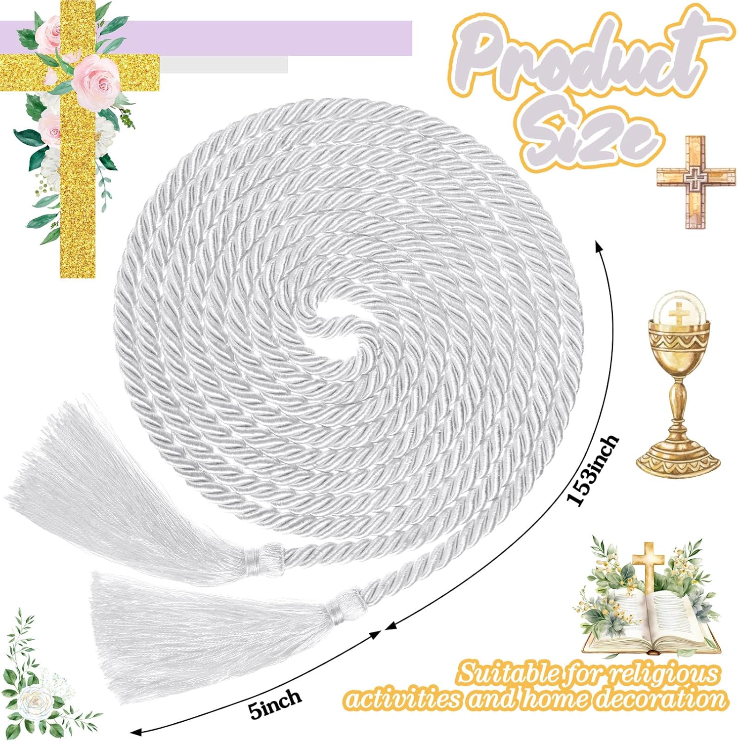 153 Inch Cincture Clergy Rope with Tassels Monks Religious Rites Celebrating Masses Alba Robes Vestments Ceremonial Decor of Christian Denominations for Priest — image 2