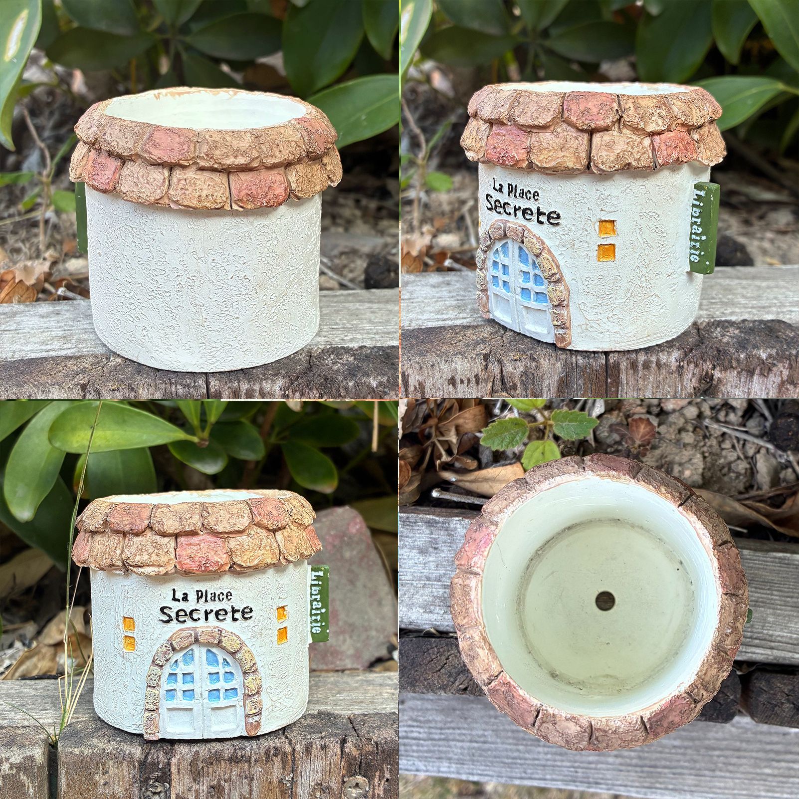 Mini Resin Round Cottage House Planter French Country Style Succulent Pot with Drainage Hole, Rustic Garden Decor for Indoor/Outdoor Desktop, Small — image 4